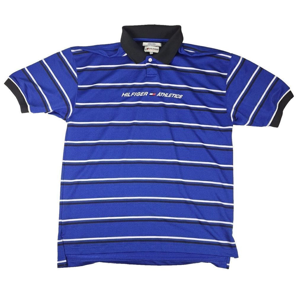 Vintage Tommy Hilfiger Athletics Shirt Mens 2XL Collar Spell Out 90s Blue Stripe